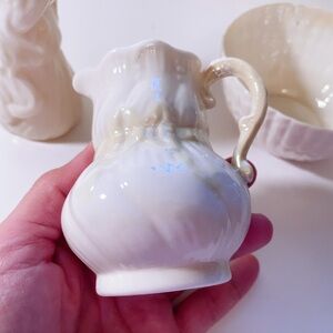 3 Beleek Sugar Bowl Creamer and Pitcher Ireland Irish Beige and Yellow Ribbon